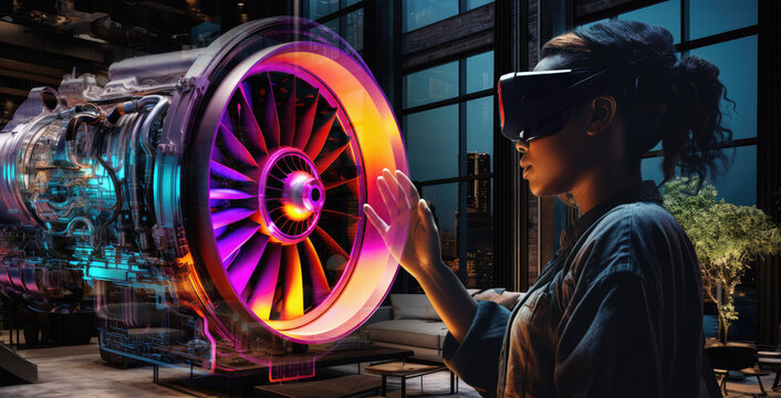 Woman wearing AR/VR goggles viewing a 3D model of a jet engine at home in her living room