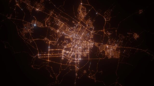 Ashgabat (Turkmenistan) aerial view at night. Top view on modern city with glow effect. Camera is zooming out, rotating counterclockwise