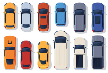 Car top view. Various types and colors of cars. Road traffic, means of transportation. Vector illustration