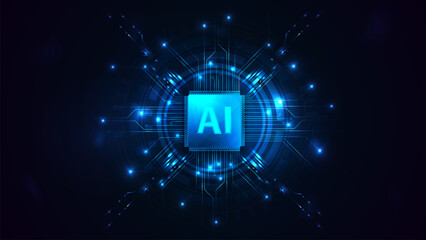 Artificial Intelligence computer database blue poster concept. Modern CPU illustration. Tech Futuristic Template. Central Computer Processors CPU concept. Digital chip. Database concept