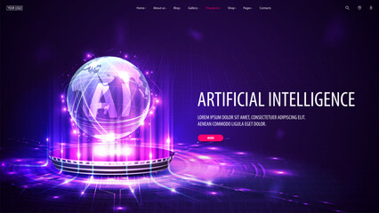 Artificial Intelligence computer database concept, Web banner. Central Computer Processors CPU in form of hologram od sphere on digital podium.
