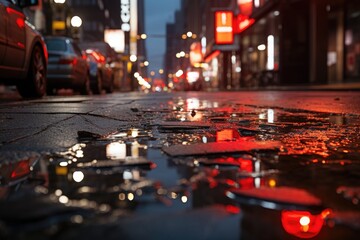 Urban Tranquility: Finding Serenity in the Reflection of Neon Lights in a Solitary Puddle on a Peaceful City Street