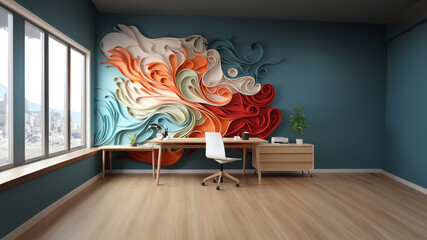 Wunderschöne Einrichtung Arbeitszimmer mit abstrakter 3d Designer Wohnwand, ai generativ