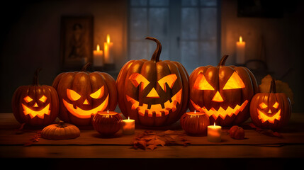 Obraz premium Glowing Pumpkin Ensemble: Five Radiant Pumpkins on a Wooden Table, generative ai 