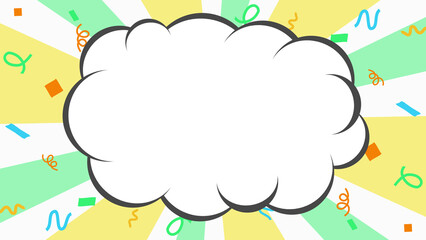 放射状のカラフルな背景と紙吹雪　
雲のフレーム有り