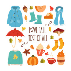 Cozy Autumn Vector Design Elements Doodle Set. Cute Flat Cartoon Hand Drawn Fall Clothes, Rubber Boots, Food with Hand Lettering.