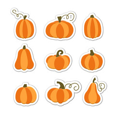 Sticky Cartoon Pumpkin. Cute Colorful Gourd Stickers. Autumn Harvest Design Elements. Squashes Collection.