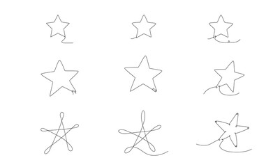 Christmas set with stars. Hand drawing continues one single line. Vector stock illustration isolated on white background for invitation, card, presentation, frame or border. Editable stroke.