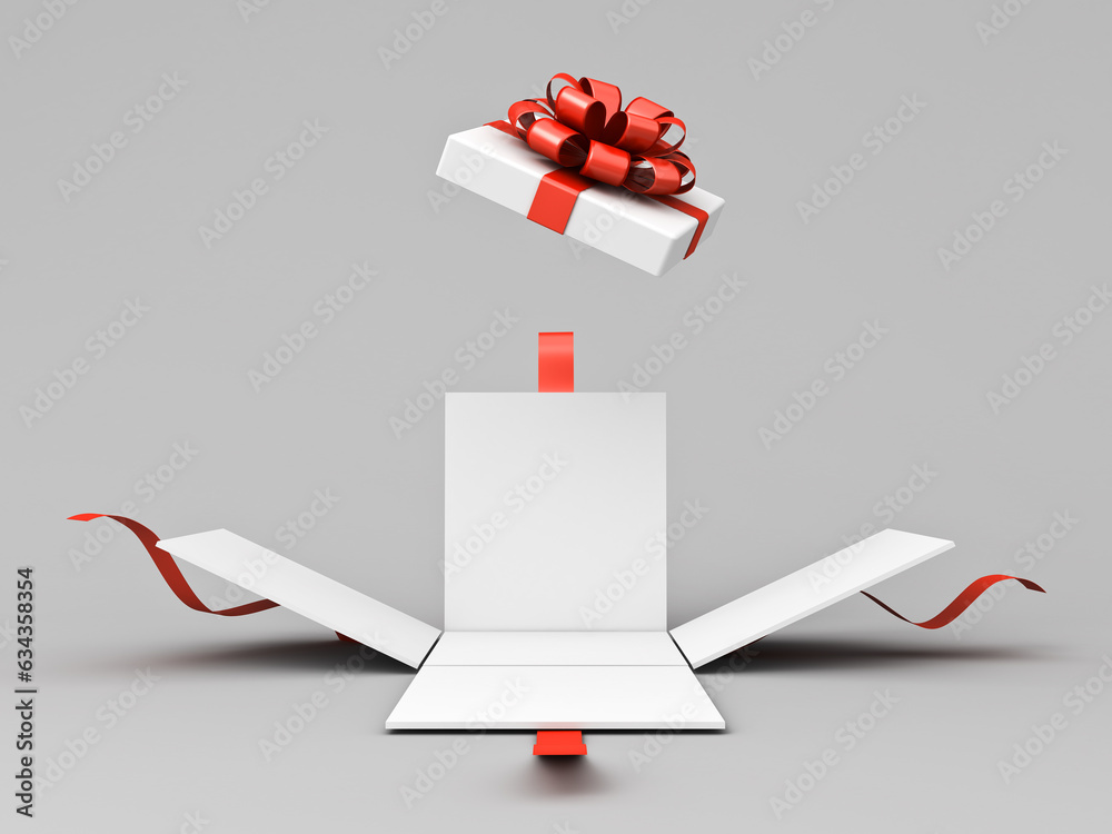 Aufkleber open white present box or opened gift box with red ribbons and bow isolated on white grey background