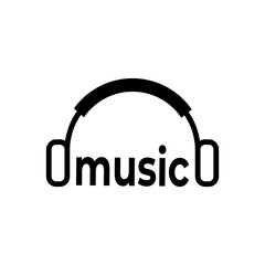 Headphone icon and music text on white background. Headphone earphone flat icon.