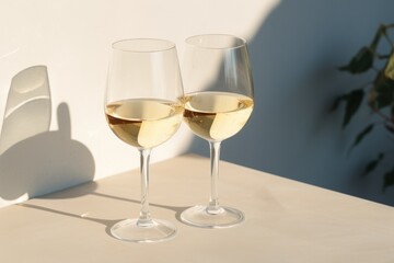 Fototapeta premium Two glass with white wine on light yellow background. Wineglasses. Summer drink for party, wine shop or wine tasting concept. Date or romantic dinner. Copy space