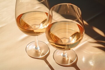 Two glass with white wine on light yellow background. Wineglasses. Summer drink for party, wine shop or wine tasting concept. Date or romantic dinner. Copy space