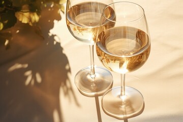 Two glass with white wine on light yellow background. Wineglasses. Summer drink for party, wine shop or wine tasting concept. Date or romantic dinner. Copy space - Powered by Adobe