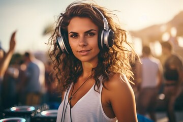 Beautiful young woman dj brunette with long curly hair in headphones at a beach party, music and...