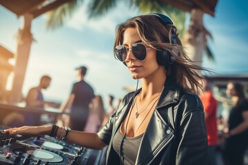 Beautiful young female dj with long hair in headphones at a beach party, music and dancing. AI...