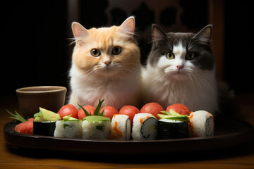 Portrait of a couple of cats sitting at the table eating sushi.