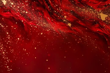 Red liquid with tints of golden glitters. Red background with a scattering of gold sparkles. Magic Galaxy of golden dust particles in red fluid with burgundy tints | Generative AI