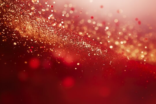 Red liquid with tints of golden glitters. Red background with a scattering of gold sparkles. Magic Galaxy of golden dust particles in red fluid with burgundy tints | Generative AI