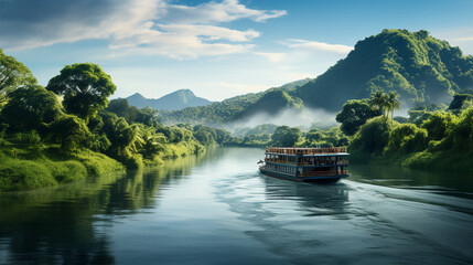 Riverboat Adventure: A picturesque riverboat cruising down a winding river, surrounded by lush landscapes and charming villages 