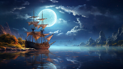Fototapeta premium Night Navigation: A ship navigating through a moonlit night, with stars above and a tranquil sea, evoking a sense of serenity 