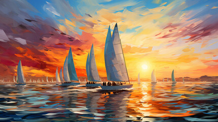 Sailing Regatta: A thrilling sailing regatta with multiple ships competing, colorful sails billowing in the wind, a dynamic scene  - obrazy, fototapety, plakaty