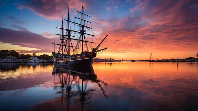 Harbor Reflections: A ship reflected in the calm waters of a harbor at dawn, creating a stunning mirror-like image 