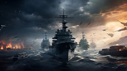 Naval Fleet: A powerful naval fleet with warships and aircraft carriers, a demonstration of maritime strength and readiness 