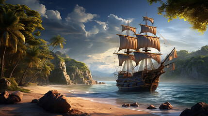 Fototapeta premium Pirate's Treasure: A pirate ship anchored near a remote island, hinting at hidden treasures and pirate legends Generative AI