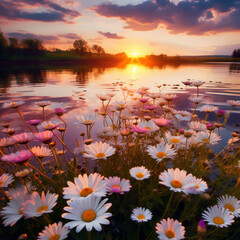 Beautiful landscape full of daisy at sunset