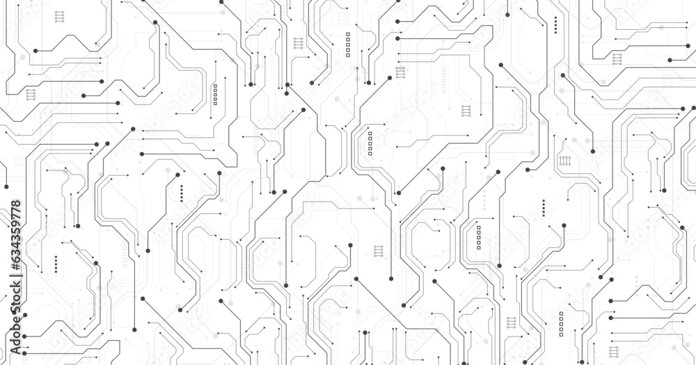 Poster Black circuit connection on white background.High-tech circuit board connection system. futuristic digital innovation background.	