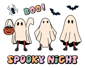 Halloween night 70s groovy vector illustration. Halloween hippie set. Retro halloween cute ghost. Vintage cartoon style. For sticker, scrapbook, social media posts, invitation, greeting card.