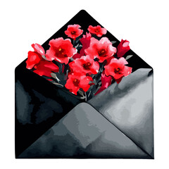 black envelope with red roses watercolor illustration
