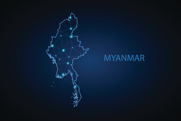 Map of Myanmar. Wire frame 3D mesh polygonal network line, design sphere, dot and structure. communications map of Myanmar. Vector Illustration EPS10.