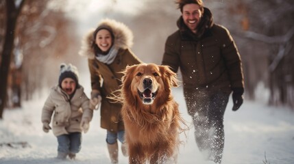 Happy family walking their pet golden retriever in the winter forest outdoors. Active Christmas...