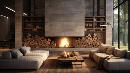 Cozy modern winter living room interior with a modern fireplace in a chalet. Design ai