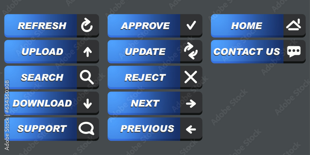 Poster Blue buttons set. Icons on buttons indicating action.