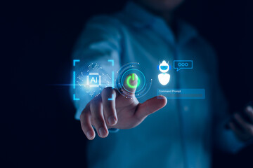 Chatbot AI concept. Artificial Intelligence. businessman using technology smart robot AI, enter command prompt, contact for business information analysis, Futuristic technology transformation.