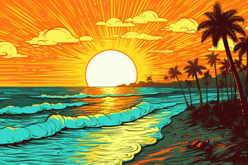 Illustration of a Beach at Sunset - Bold Lines and Bright Colors