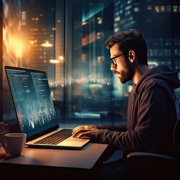 software development concept. Man Coding programmer, software engineer working on laptop with javascript computer code on screen, internet of things IoT, digital technology, Generative AI
