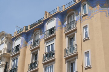 Fototapeta na wymiar Art Deco building facades, geometric decorations, ornaments and more. Architecture from the beginning of the 20th century. Shot in Nice, France.