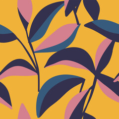 Abstract cartoon Leaves branches. Hand drawn Trendy seamless pattern. Simple floral branches for textile, fabric, wallpaper, collage, print. Botanical minimal colorful design. Tropical vector