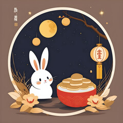 A cute rabbit is watching pastries in a red bowl with a full moon, flowers, leaves, and lanterns in the background
