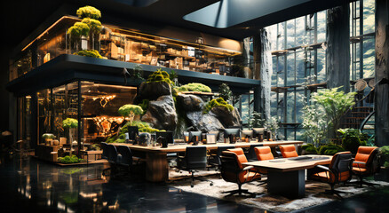 an office with desks with plants growing on the ceiling