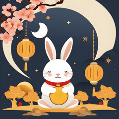 A cute rabbit holds a moon cake and wishes you good luck with a moon and blossom in the background.