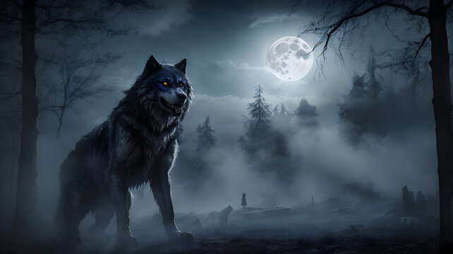 Eerie Halloween werewolf celebration under the full moon. Realism meets fantasy in this captivating night photograph. Werewolves dance, torches flicker, and shadows hint at mystical observers.