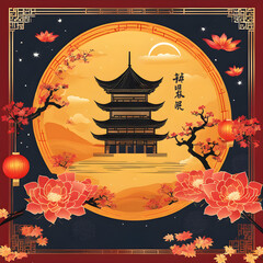 A Chinese pagoda, golden clouds, red pink flowers, and lanterns
