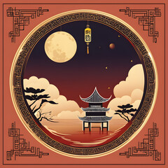 A Chinese gazebo on the sea with a full moon, golden clouds, and silhouette trees