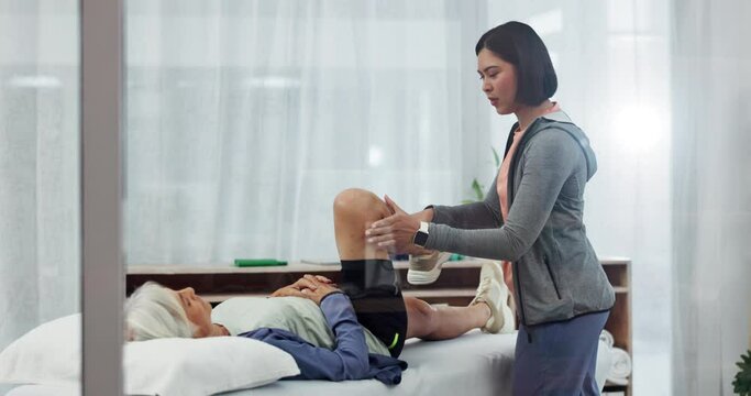 Old woman, stretching legs or physiotherapy for senior patient in physical therapy rehabilitation. Elderly, hip mobility or physiotherapist helping lady with muscle exercise, knee pain or wellness