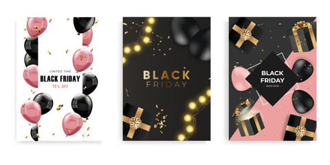 Black Friday sale posters or flyers set design with balloons, confetti, gift boxes and lighting bulbs