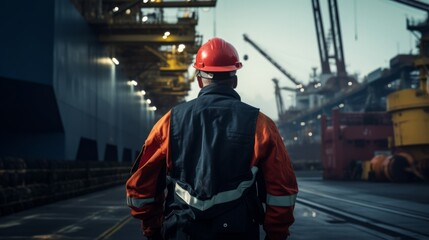 A man in a coverall suit looking ahead at a ship dockyard.
